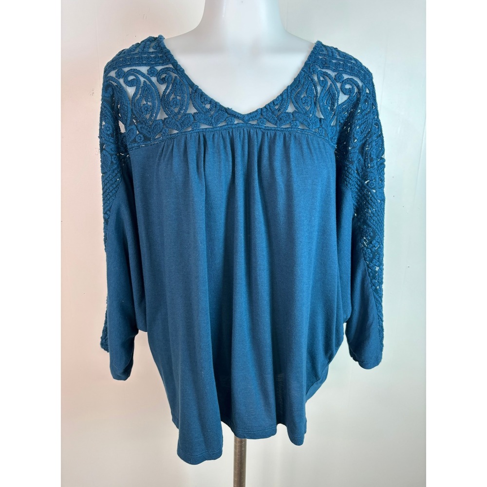 Garnet Hill Top Large Teal Blue Crochet Lace Dolman Sleeve V-Neck Women